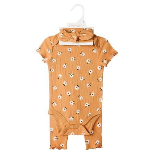 3-Piece Ribbed Cotton Baby Clothing Set - Brown with White Flowers