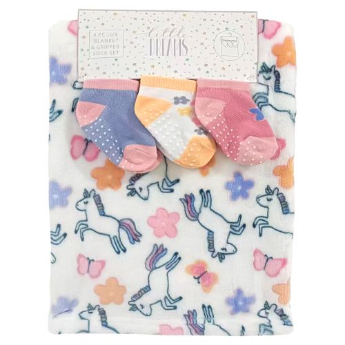 Plush Blanket with 3 Pairs of Gripper Socks - Unicorn