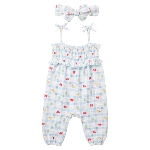 2-Piece Cotton Gauze Baby Set with Coverall & Headband - White & Blue Plaid