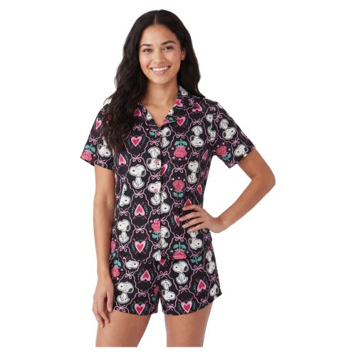 Women's Short Sleeve Pajama Set with Snoopy & Rose Print