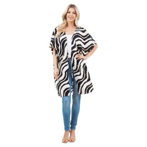 Women's Kimono with Drawstring Waist - Black & White Wave Stripes