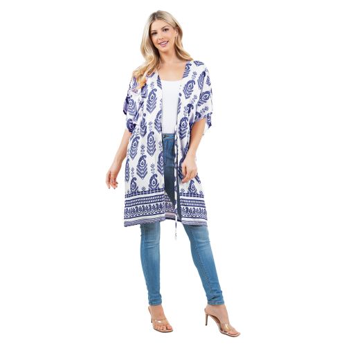 Women's Kimono with Drawstring Waist - Blue & White