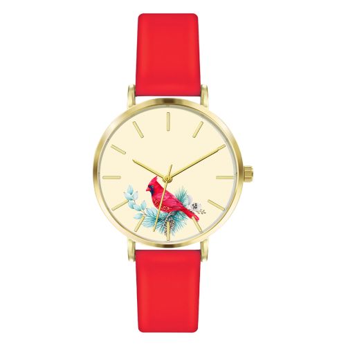 Women's Red Silicone Band Watch with Christmas Cardinal Dial