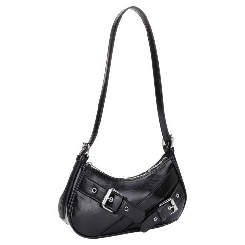 Vegan Leather Shoulder Bag with Buckle Detail - Black