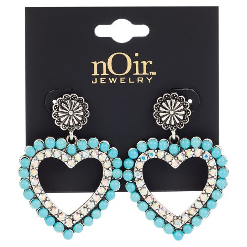 Turquoise Heart Drop Earrings - Western Vintage Crystal Accent