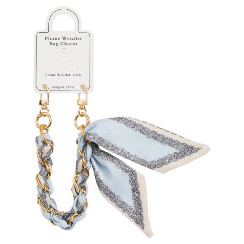 Phone Wristlet Bag Charm with Gold Chain & Scarf Tie - Blue