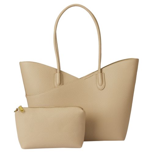 Vegan Leather Tote Bag with Removable Pouch - Taupe