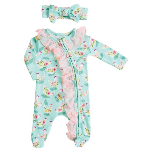 Baby Ruffle Zipper Footie Sleeper with Headband - Chicken Print