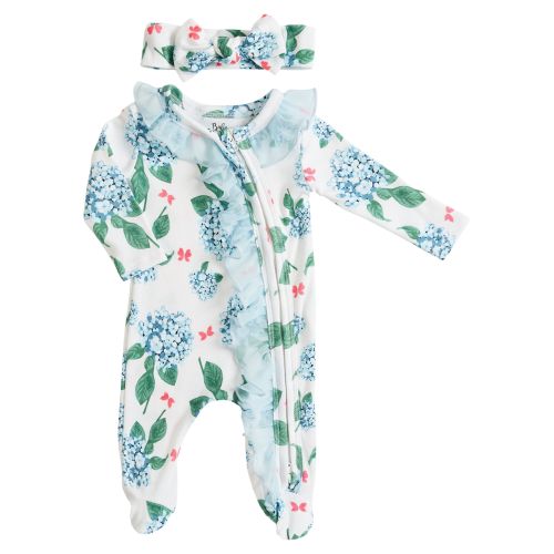 Baby Ruffle Zipper Footie Sleeper with Headband - Blue Floral