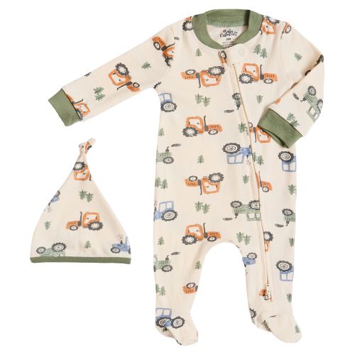 Zippered Sleeper with Hat - Tractor Design