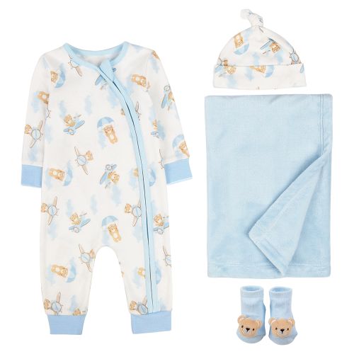 4-Piece Baby Clothing Set with Blanket - Blue Bear Print