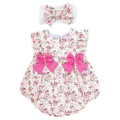 Baby Romper & Headband Set - Pink Floral with Bows