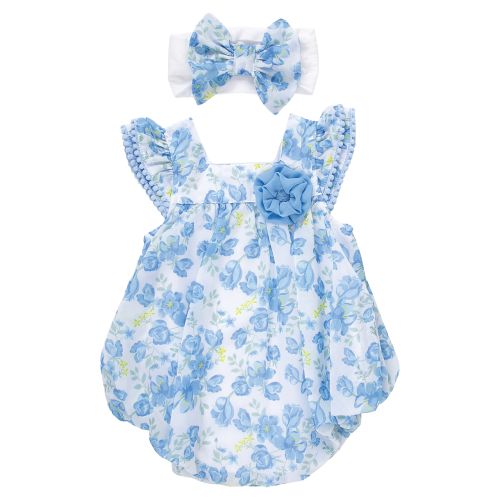 Chiffon Baby Romper & Headband Set - Blue Floral